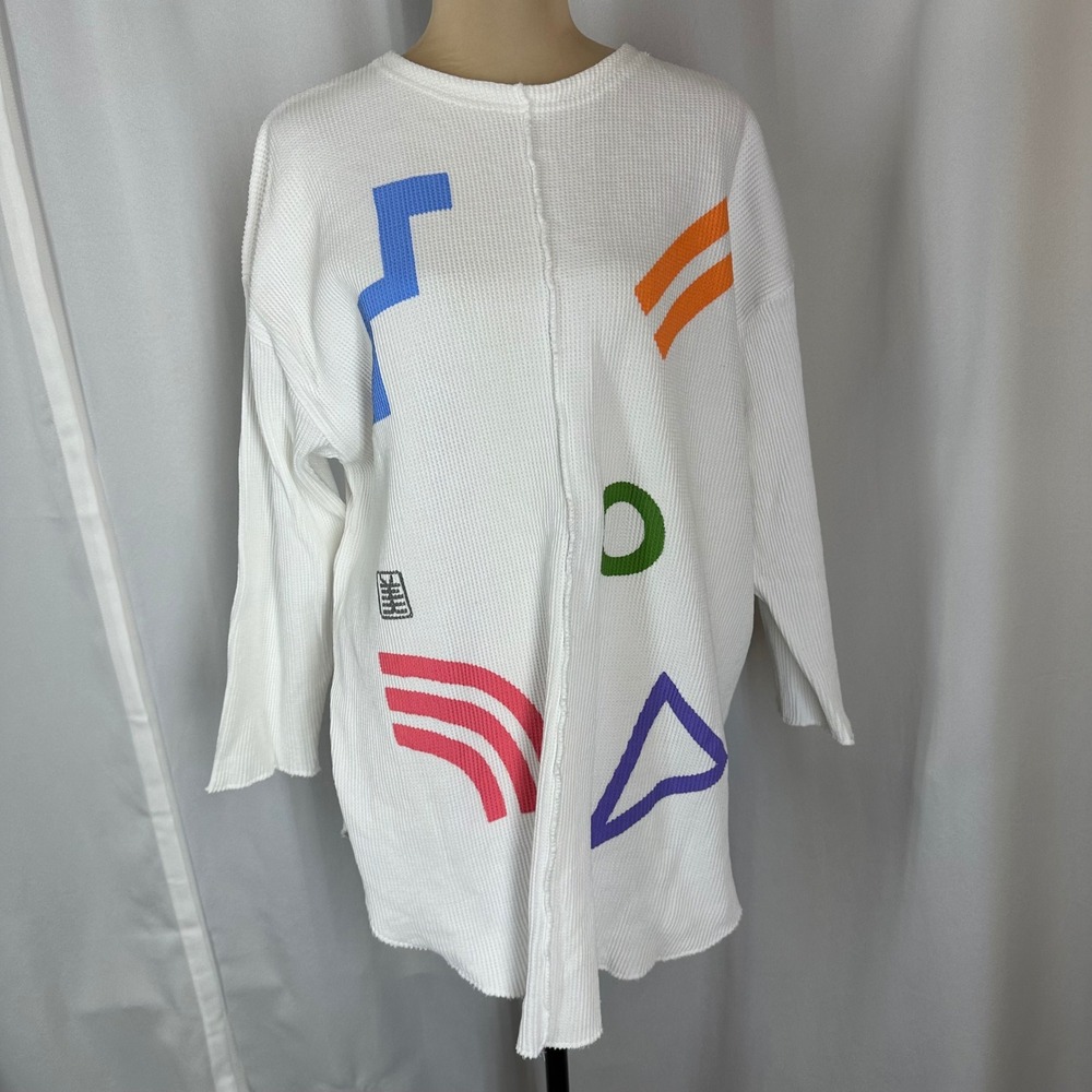 Mio‎ New York Top Womens XL? White Geometric Ribbed Knit Long Sleeve Tunic Vtg
